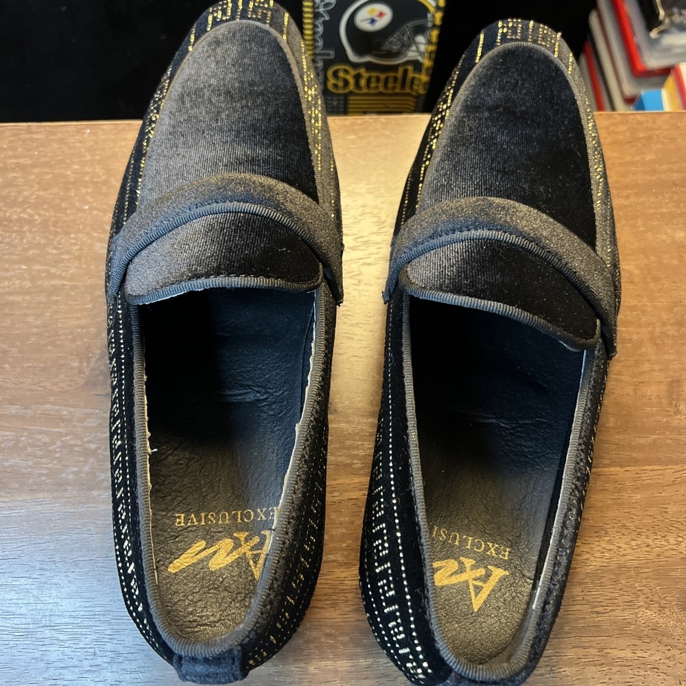 AM Exclusive Vincent Black And Gold Greek Key Venetian Loafer Size 9.5 - Picture 4 of 7